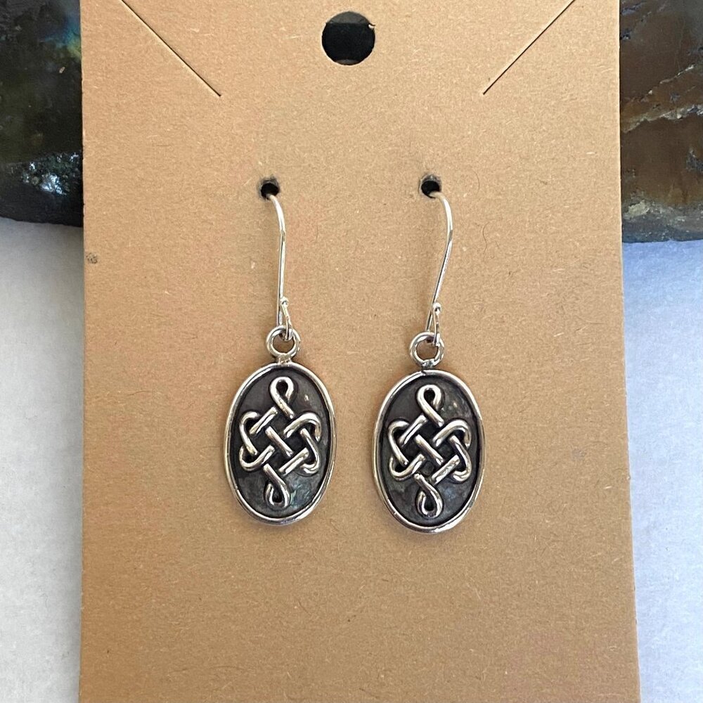 Sterling Silver 925 Signed L.M. Oval Oxidized Celtic Knot Dangle Drop Earrings